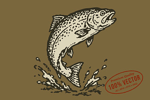 Vintage Leaping Salmon Vector