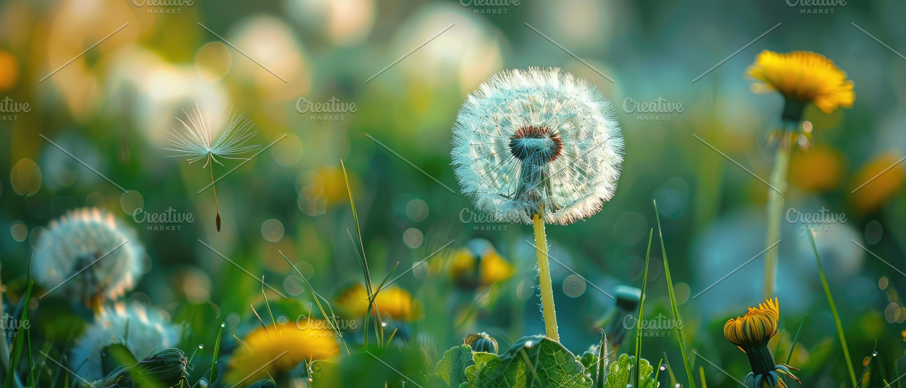 A single dandelion seed head against, a Photo by LOGOCREATIVE