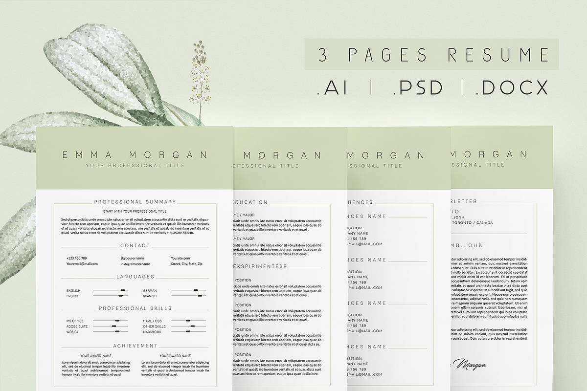 3 Page Green Resume / CV Template M, a Resume Template by Showy68 Template (Photo 1 of 6)