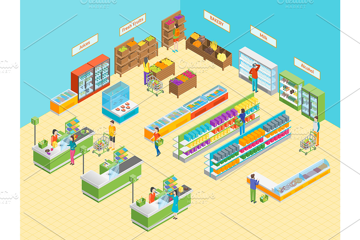 Supermarket or Shop Isometric View., a Food Illustration by Bigmouse_art
