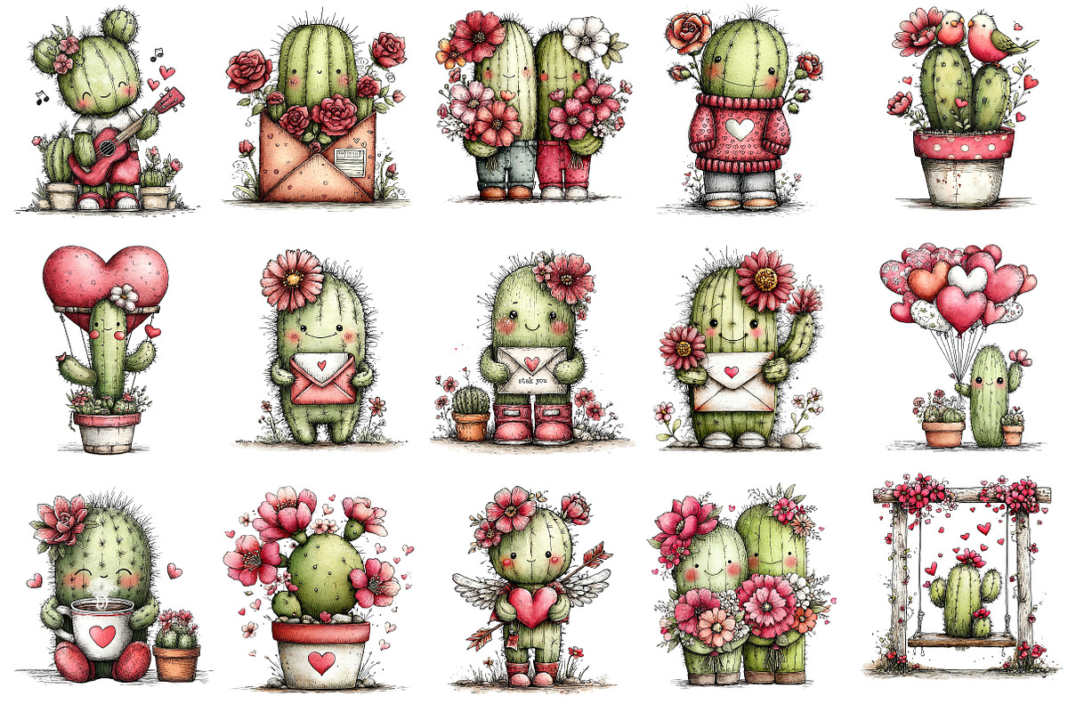 Whimsical Cactus Valentine's Clipart, an Illustration by Dream Creation (Photo 3 of 6)