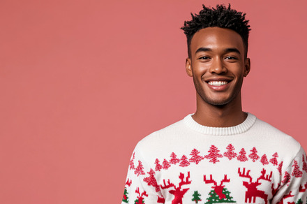 Smiling man in christmas ugly sweater against pink background, a Photo by Dvoevnore photos