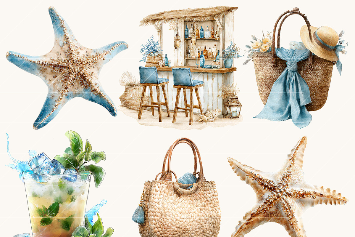 Watercolor Summer Beach Clipart, a Seasonal Illustration by BusyDaydesign (Photo 3 of 9)