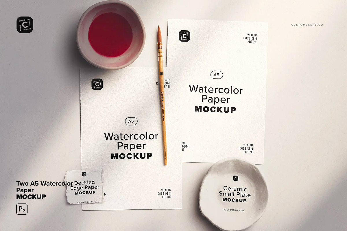 Two A5 Watercolor Paper Mockup, a Product Mockup by Custom Scene (Photo 2 of 10)