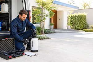 Pest control technician preparing eq, a Photo by Dvoevnore photos