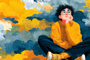 Young person dreaming about the future sitting thoughtful against a colorful im, a Photo by AS photostudio
