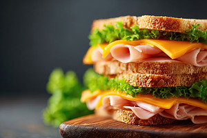 Stacked layers of ham and melted cheese between fresh bread with crisp lettuce, a Food & Drink Photo by AlyaAnd