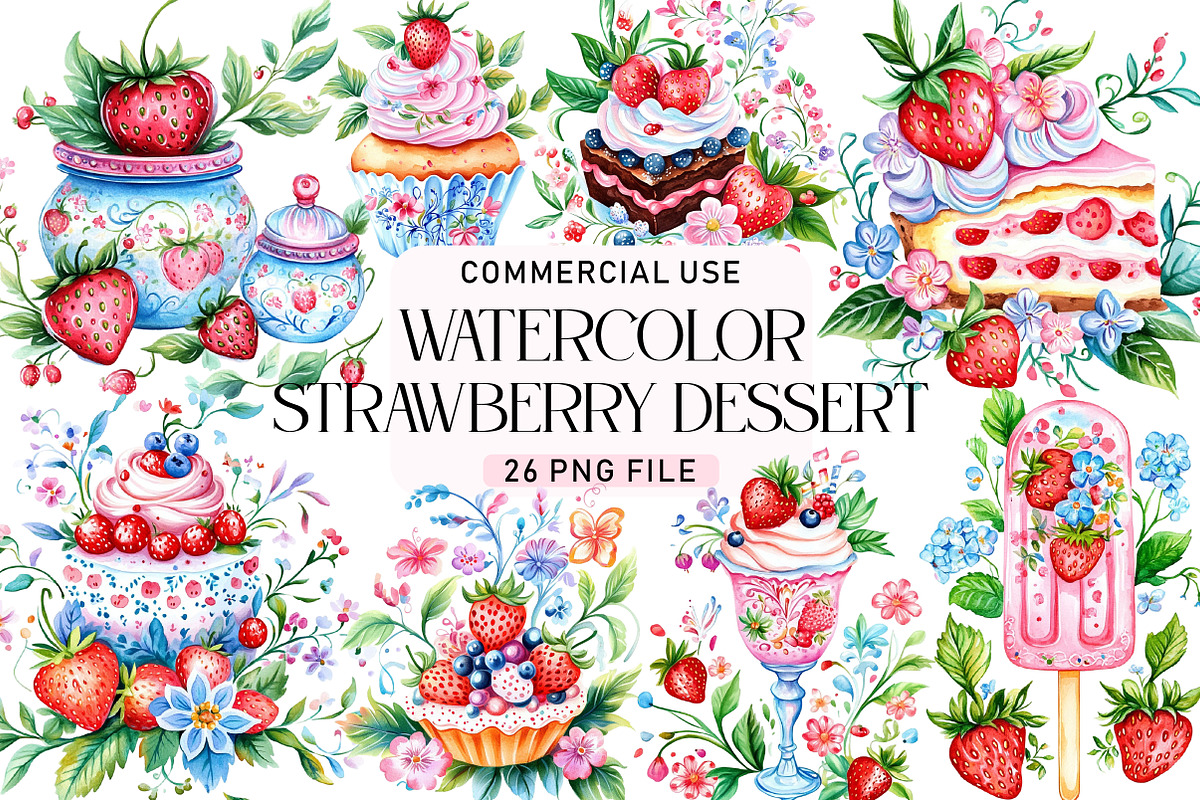 Strawberry Dessert Watercolor Clipar, a Seasonal Illustration by Daily.Designs (Photo 1 of 5)