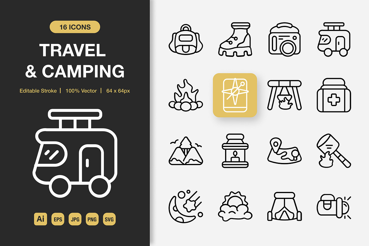 Travel and Camping Outline Icons, an Outline Icon by Spacepixel Creative