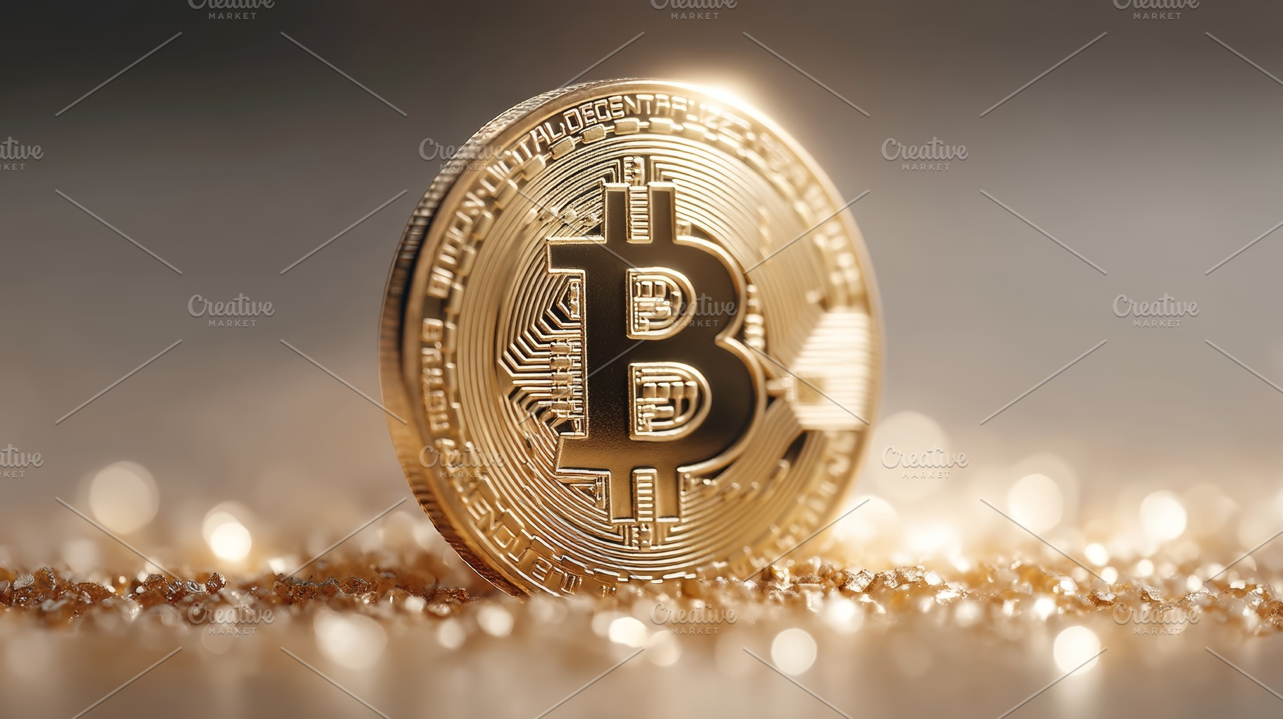 Shiny gold bitcoin coin standing on glittering surface with cryptocurrency and, a Photo by AS photostudio