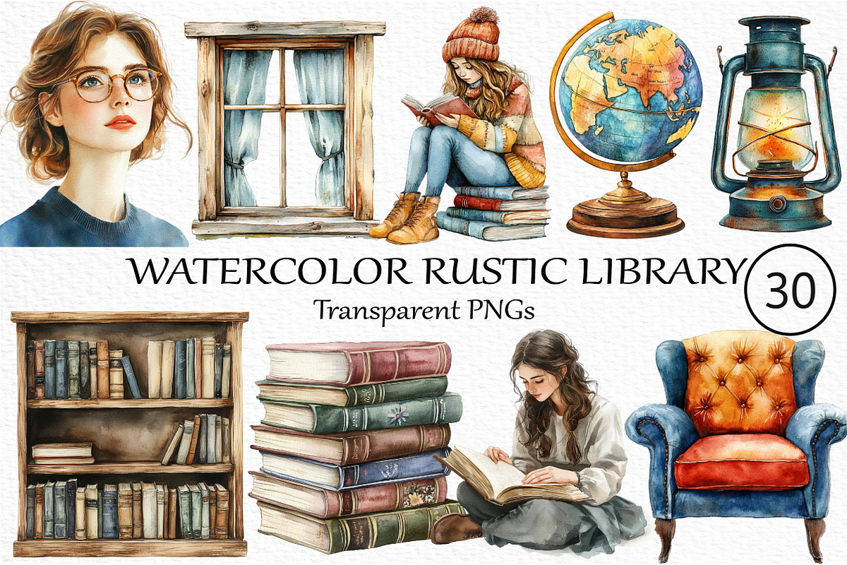 Watercolor Rustic Library Clipart, an Illustration by Craft Nest (Photo 1 of 5)