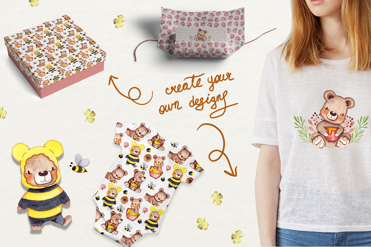 Honey Bears Watercolor Collection, a Decorative Illustration by TanataDesign (Photo 4 of 8)