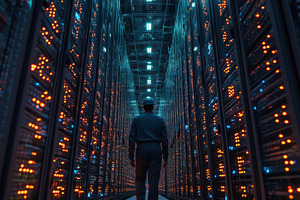 A Data Engineer person walking through a data center filled with rows of server, a Person Photo by Textures & Backgrounds
