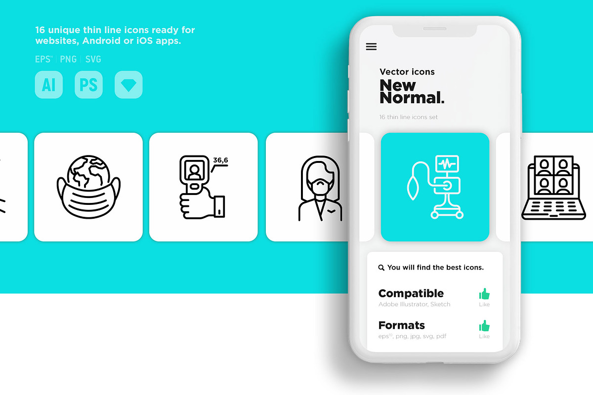 New Normal | 16 Thin Line Icons Set, an Outline Icon by Alex Blogoodf (Photo 10 of 15)