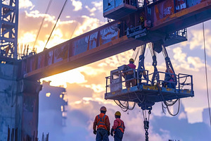 Construction workers operating crane at sunrise, a Work Illustration by DanFLCreativo