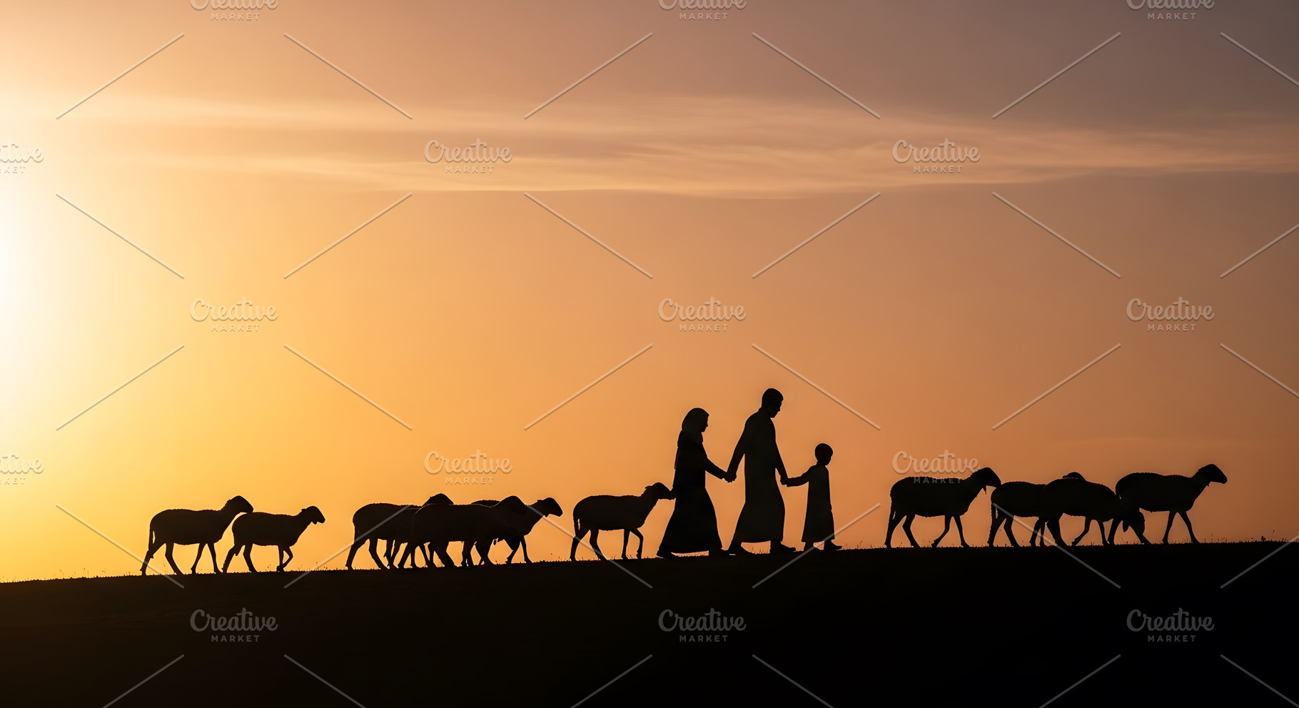 Family walking with sheep at sunset, a Photo by zahidhossainalif