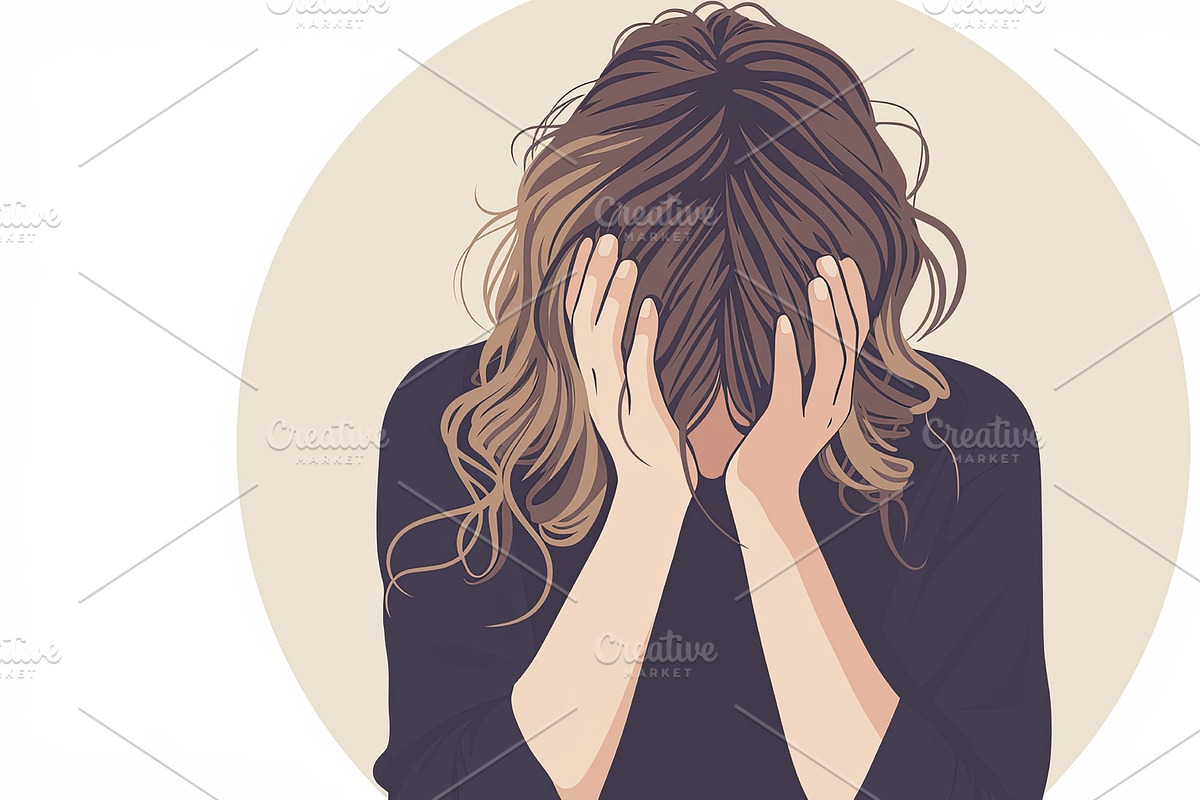 Illustration of a woman experiencing emotional distress, covering her face with, an Illustration by AS photostudio