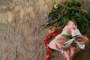 Zero waste christmas gift flat lay. Stylish christmas present wr, a Holiday Photo by Sonjachni