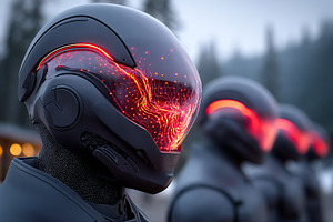 Futuristic robots with glowing helmets standing in a forest during twilight, a Technology Photo by AlyaAnd
