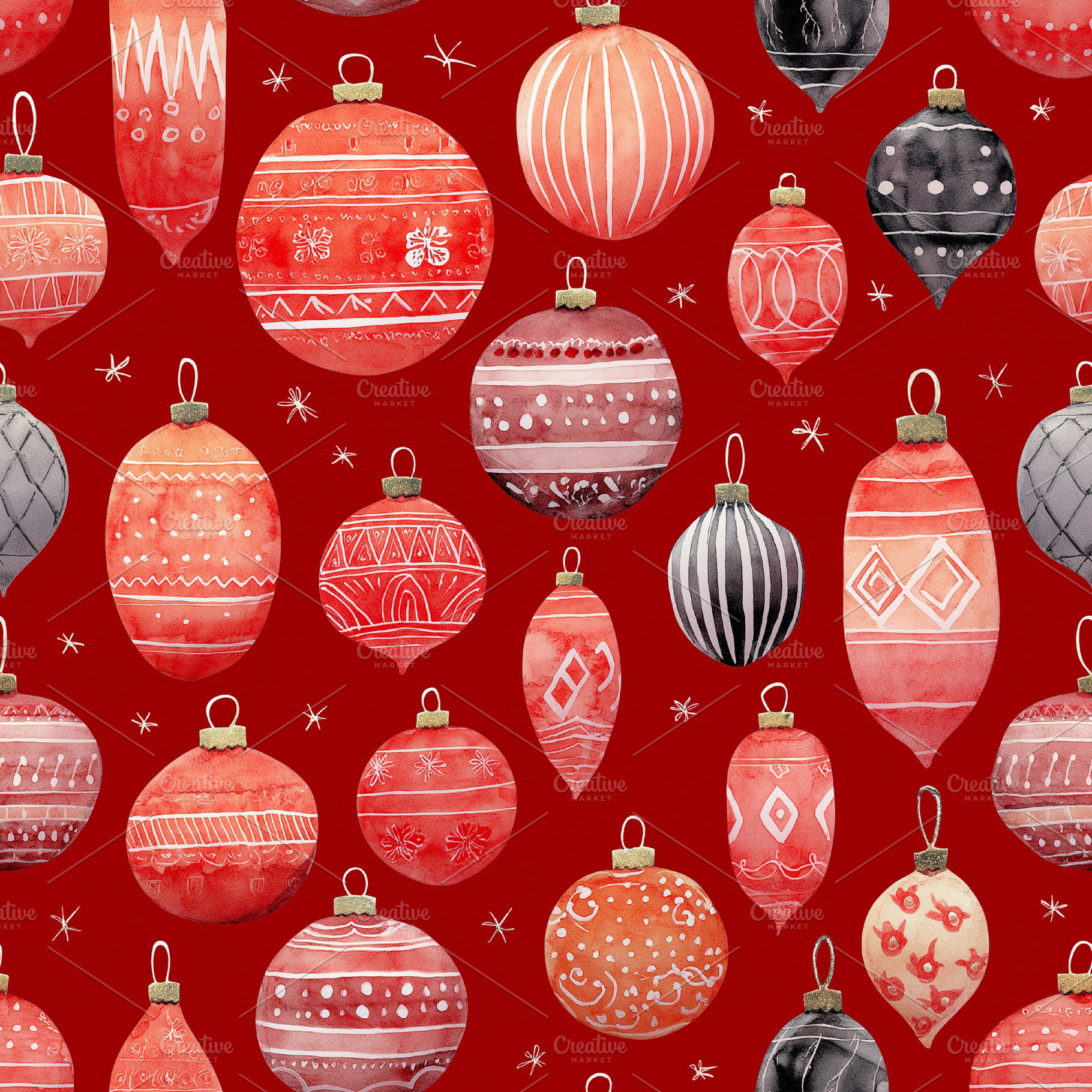 Christmas baubles seamless pattern with red, black, and white watercolor winter, a Photo by Studio ANNA