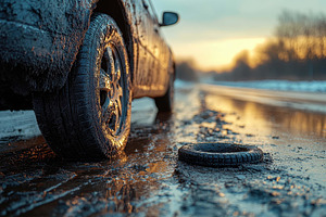Car stuck in mud on a rural road dur, a Photo by Tanuart