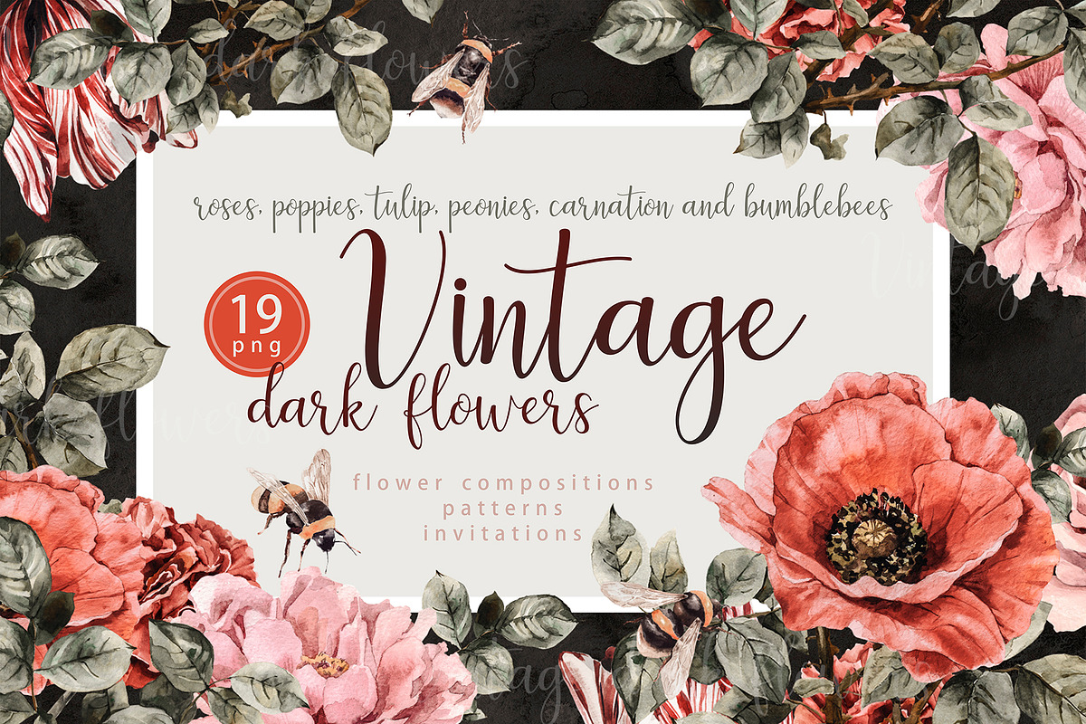 Dark vintage flowers and bees set, an Illustration by Alamella (Photo 1 of 9)