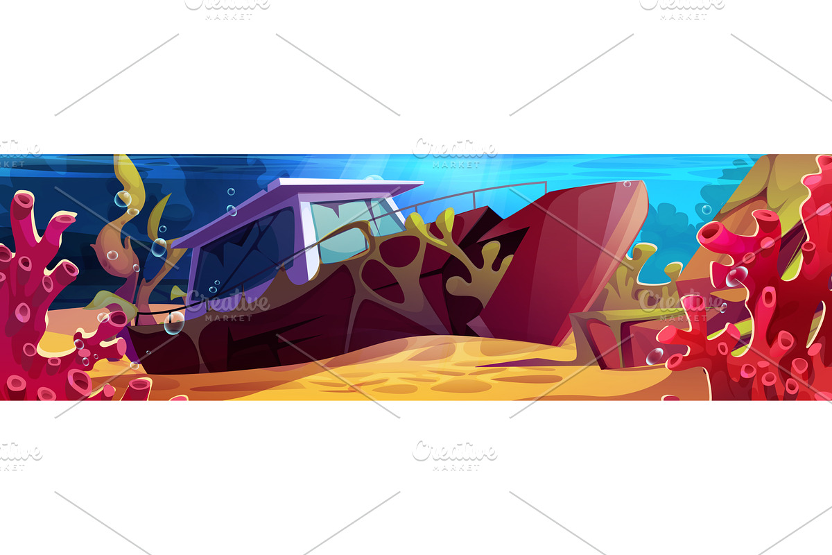 Cartoon underwater shipwreck scene, an Illustration by art PVP - market