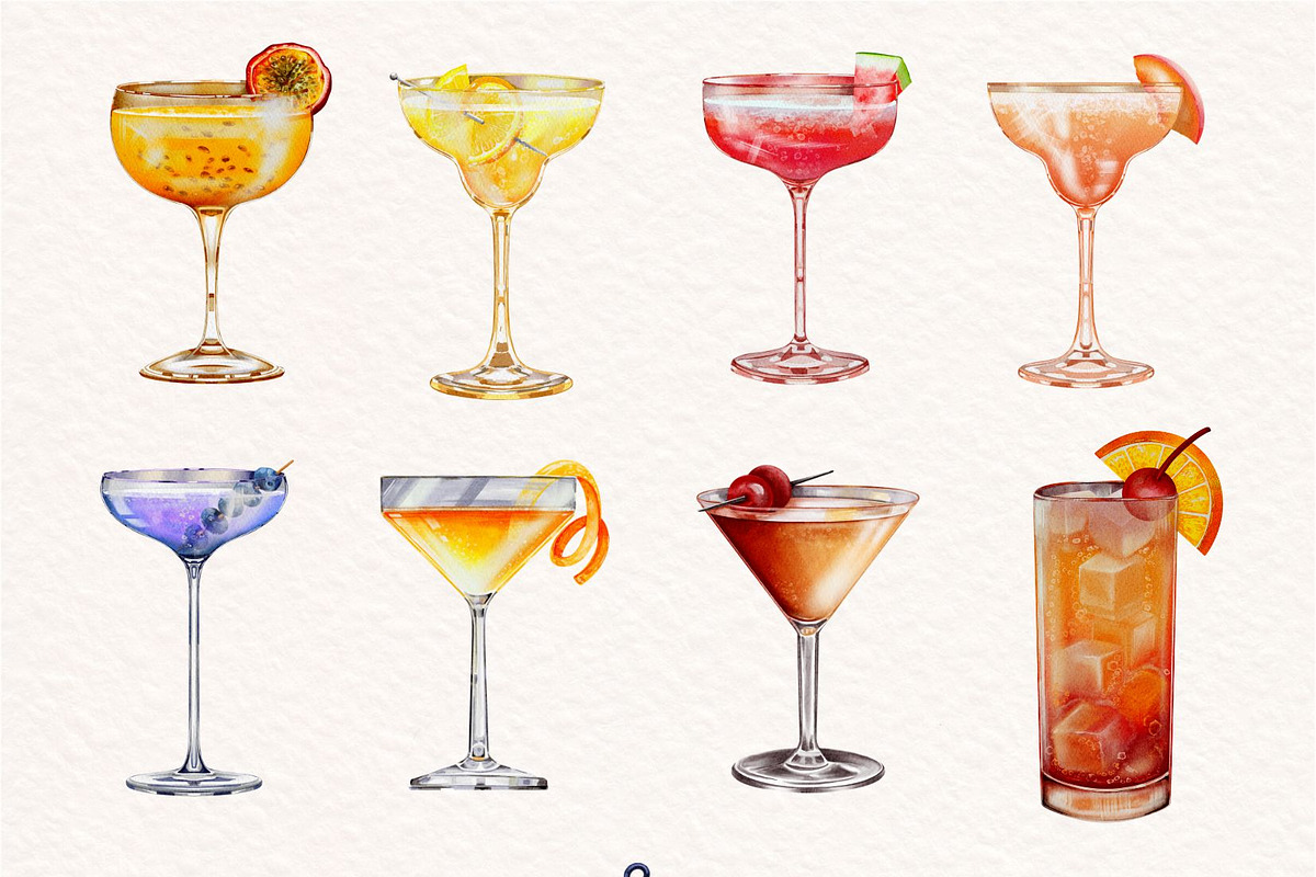 Watercolor Cocktails Illustration, a Food Illustration by ArtbyHien (Photo 3 of 6)