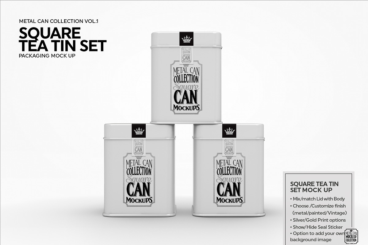 Square Tea Tin Set Packaging Mockup, a Cups & Container Mockup by INCDesign (Photo 2 of 6)
