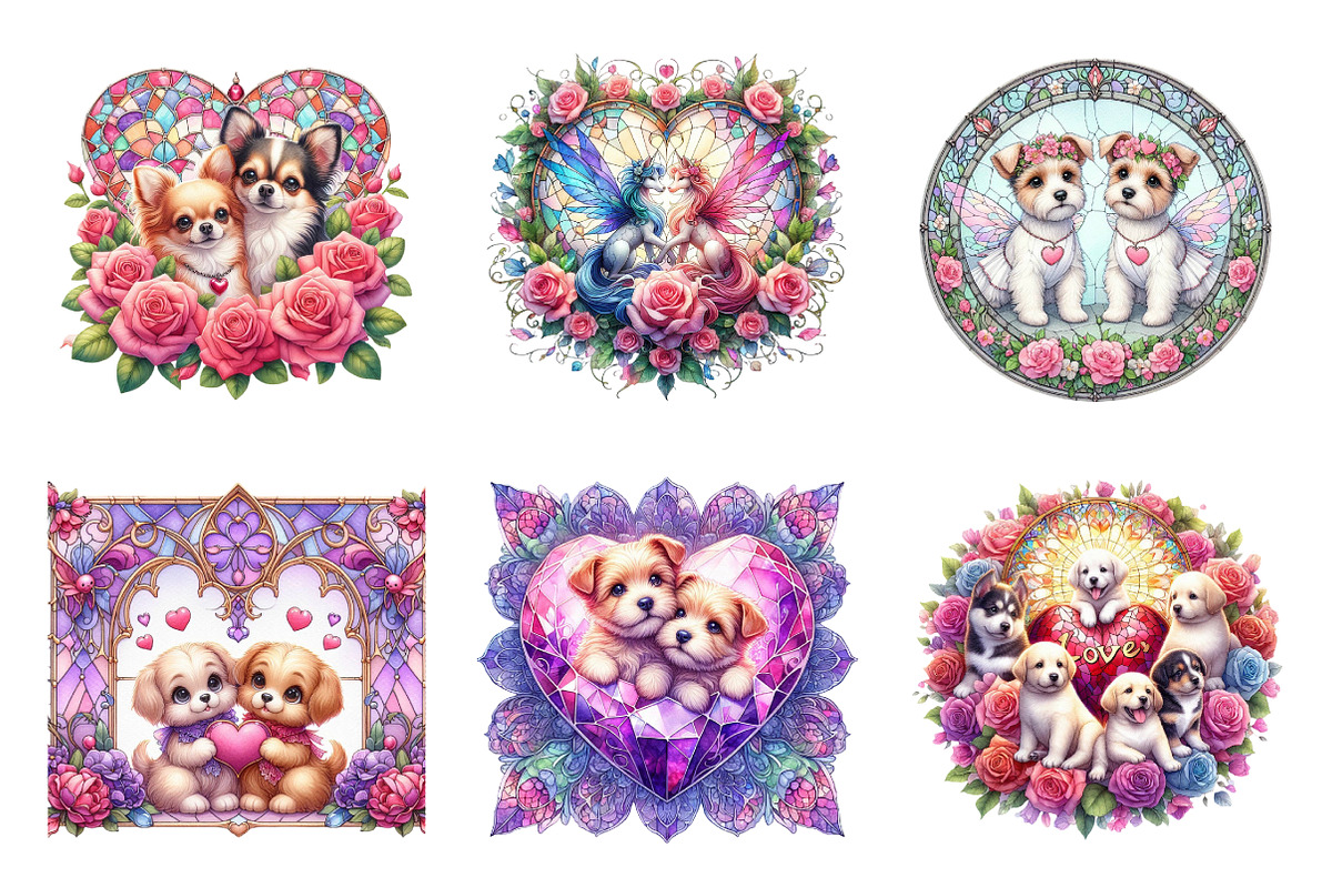 Stained Glass Valentine Fairy Dogs, an Illustration by SinaCreation (Photo 3 of 11)