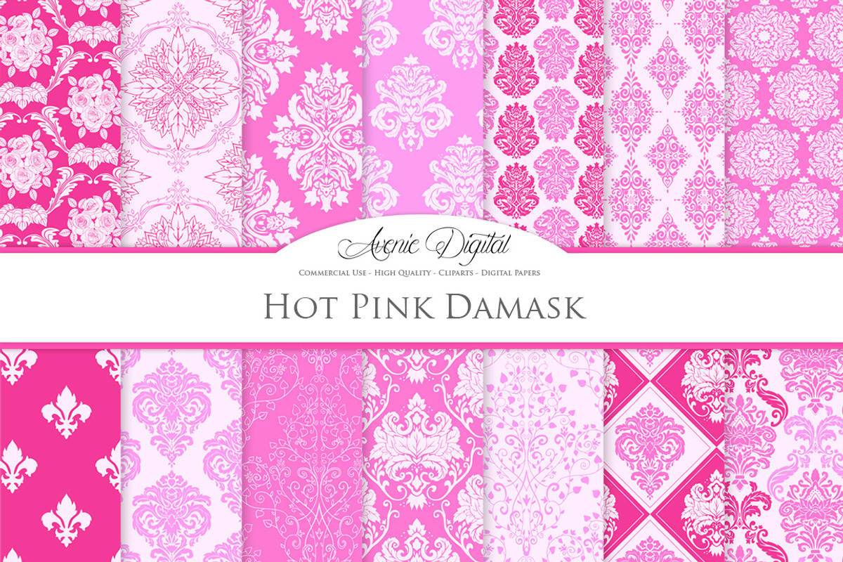 28 Bright Pink Damask Digital Paper, a Pattern Graphic by Avenie Digital