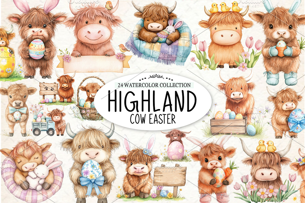 Highland Cow Easter Clipart, an Illustration by Watercolor design (Photo 1 of 4)