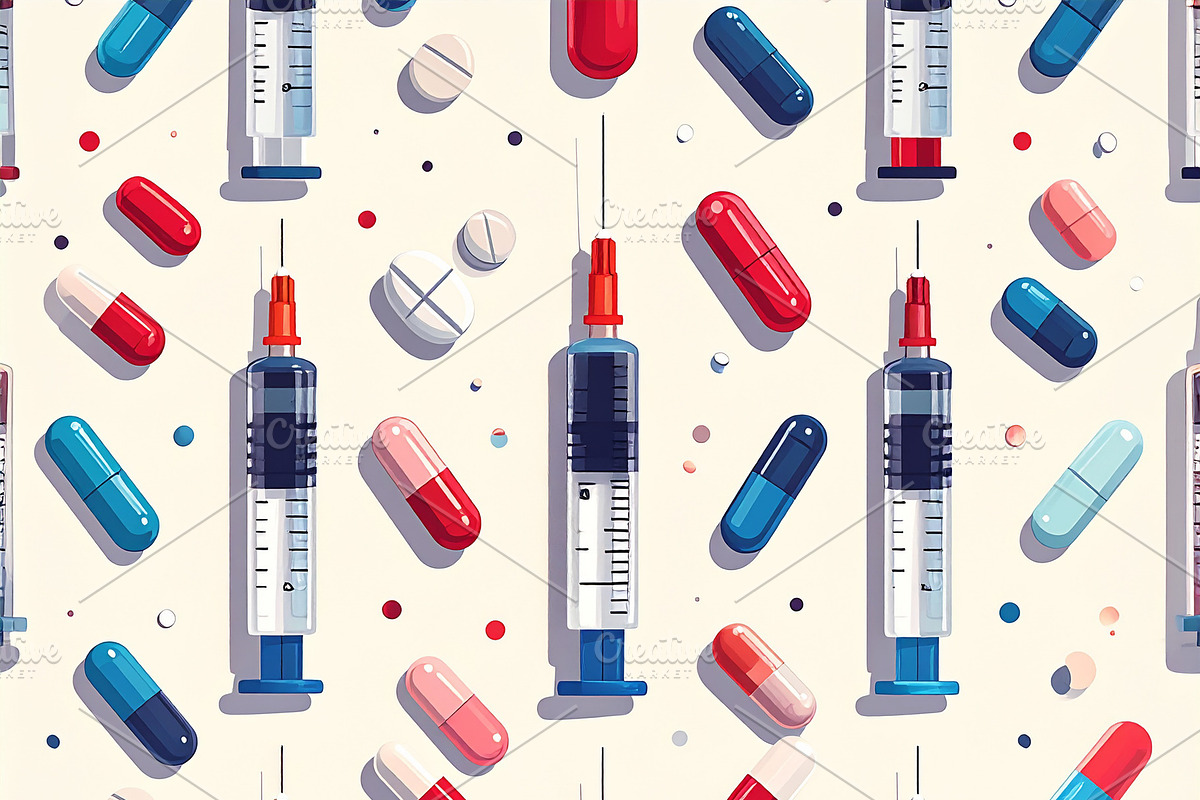 Vector style illustration pattern of syringes and pills, a Pattern Graphic by DanFLCreativo
