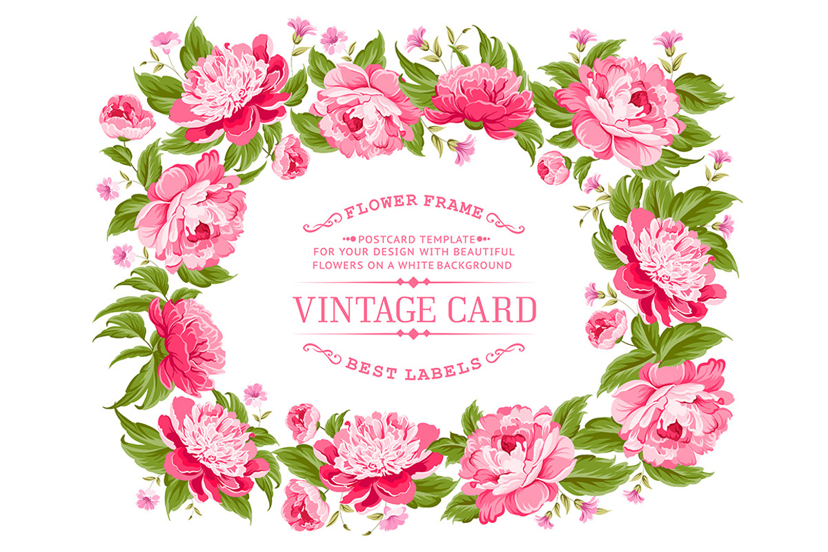 Beautiful peonies with bright frame., a Card Template by Kotkoa