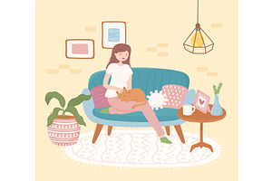 woman with cat, an Animal Illustration by studiogstock