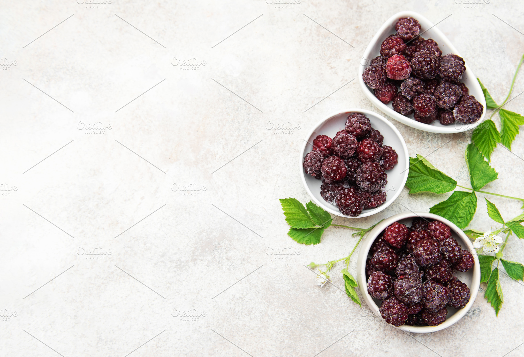 Frozen blackberries in white bowls with green leaves, a Food & Drink Photo by Olena Rudo