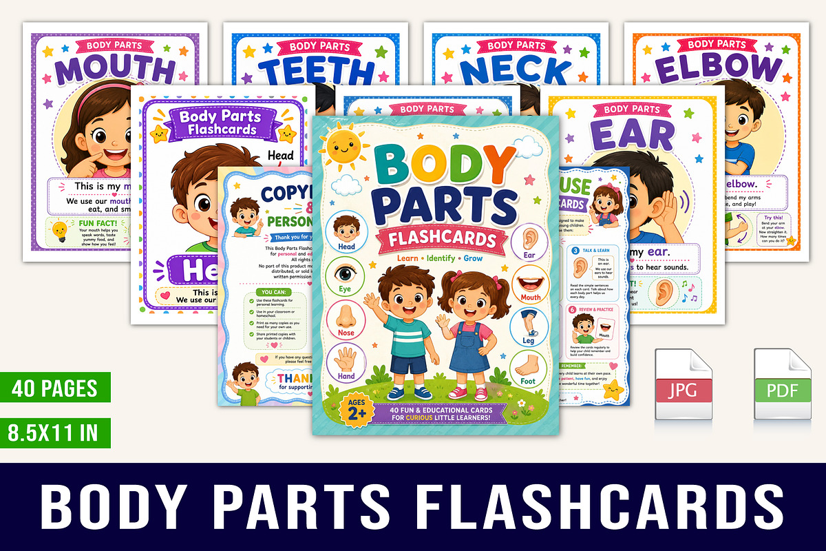 Body Parts Flashcards for Kids, a Stationery Template by Designmela01 (Photo 1 of 5)