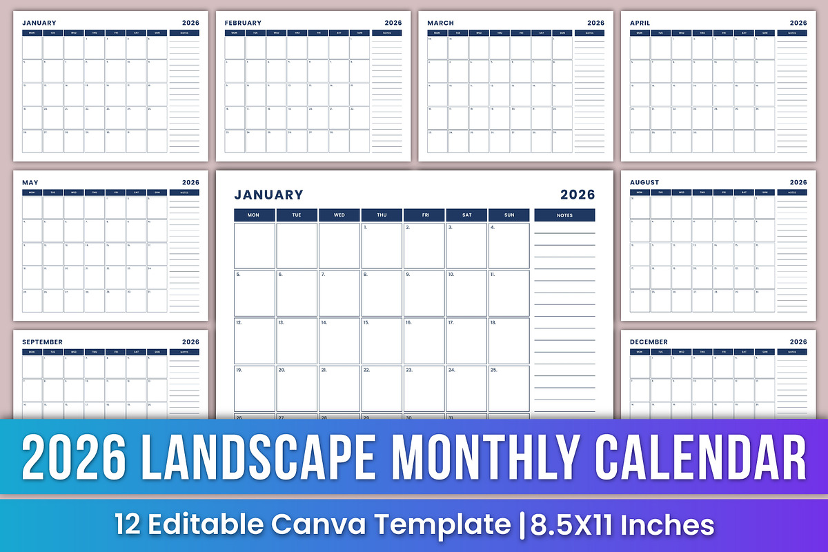 2026 landscape Monthly Calendar Kdp, a Stationery Template by Mustafiz (Photo 1 of 4)