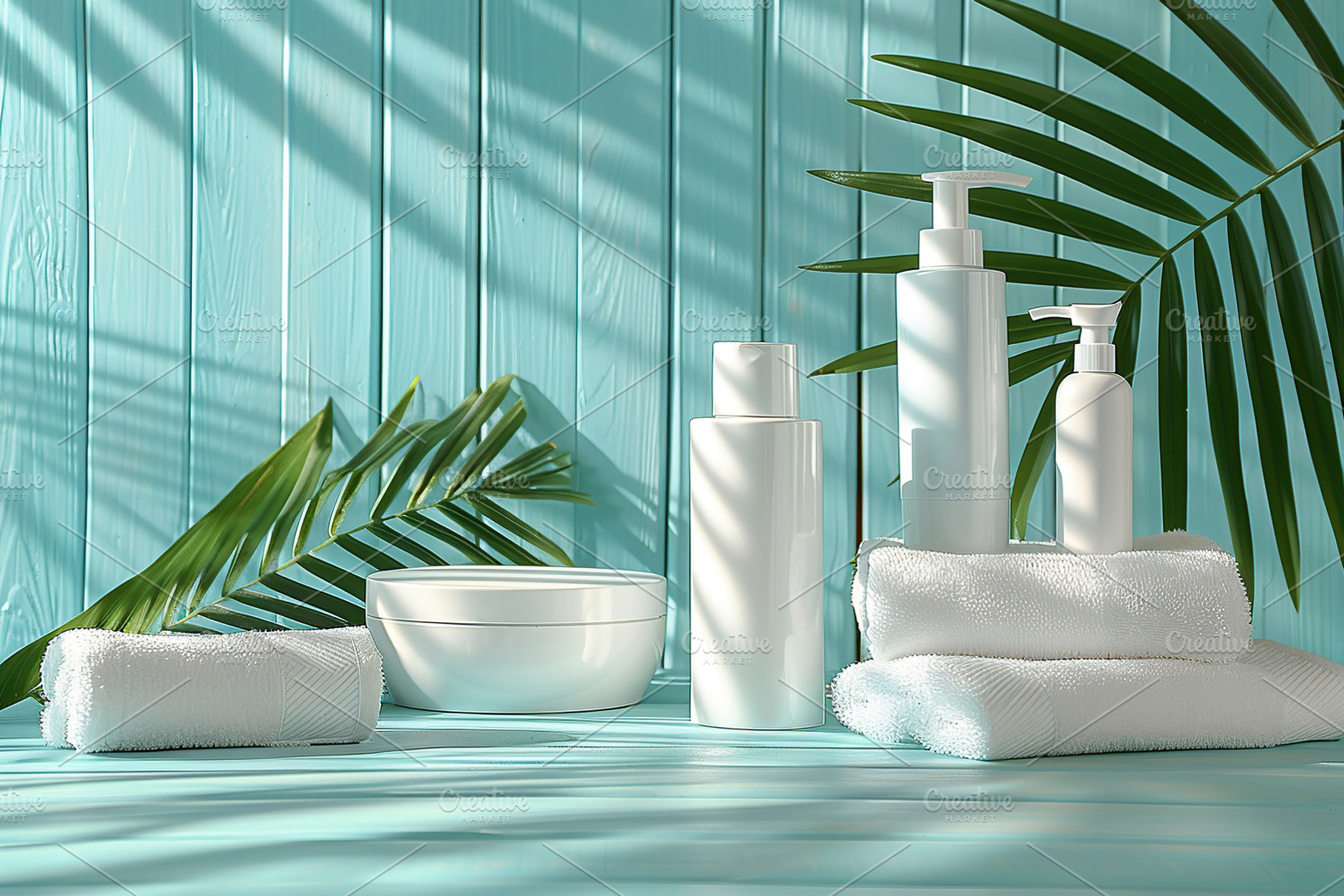 Blank cosmetic containers with towels and green palm leafs on wo, a Health & Medical Photo by AlyaAnd