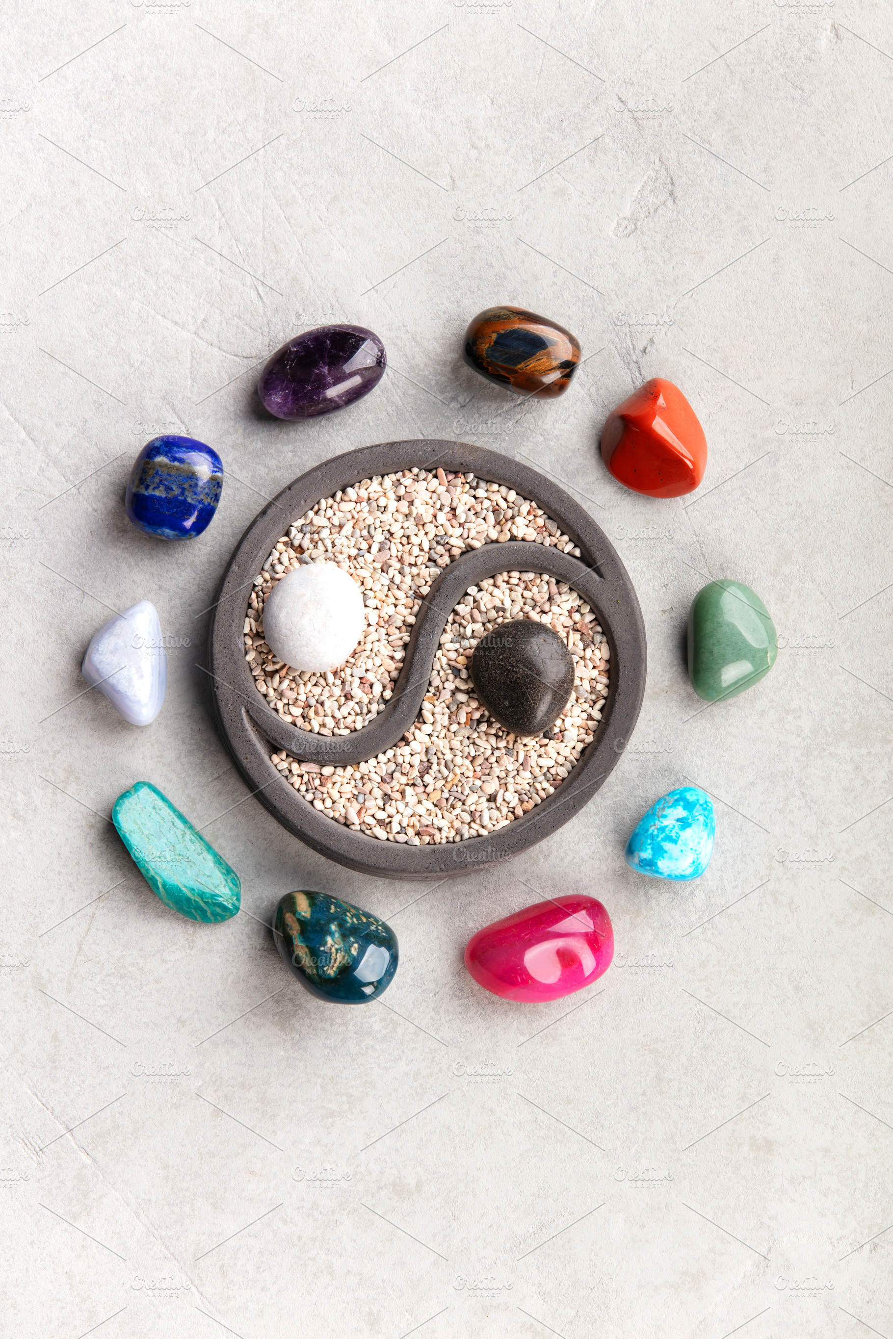 Yin Yang Zen Garden Surrounded by Colorful Healing Crystals, a Nature Photo by Natalia Klenova's Shop