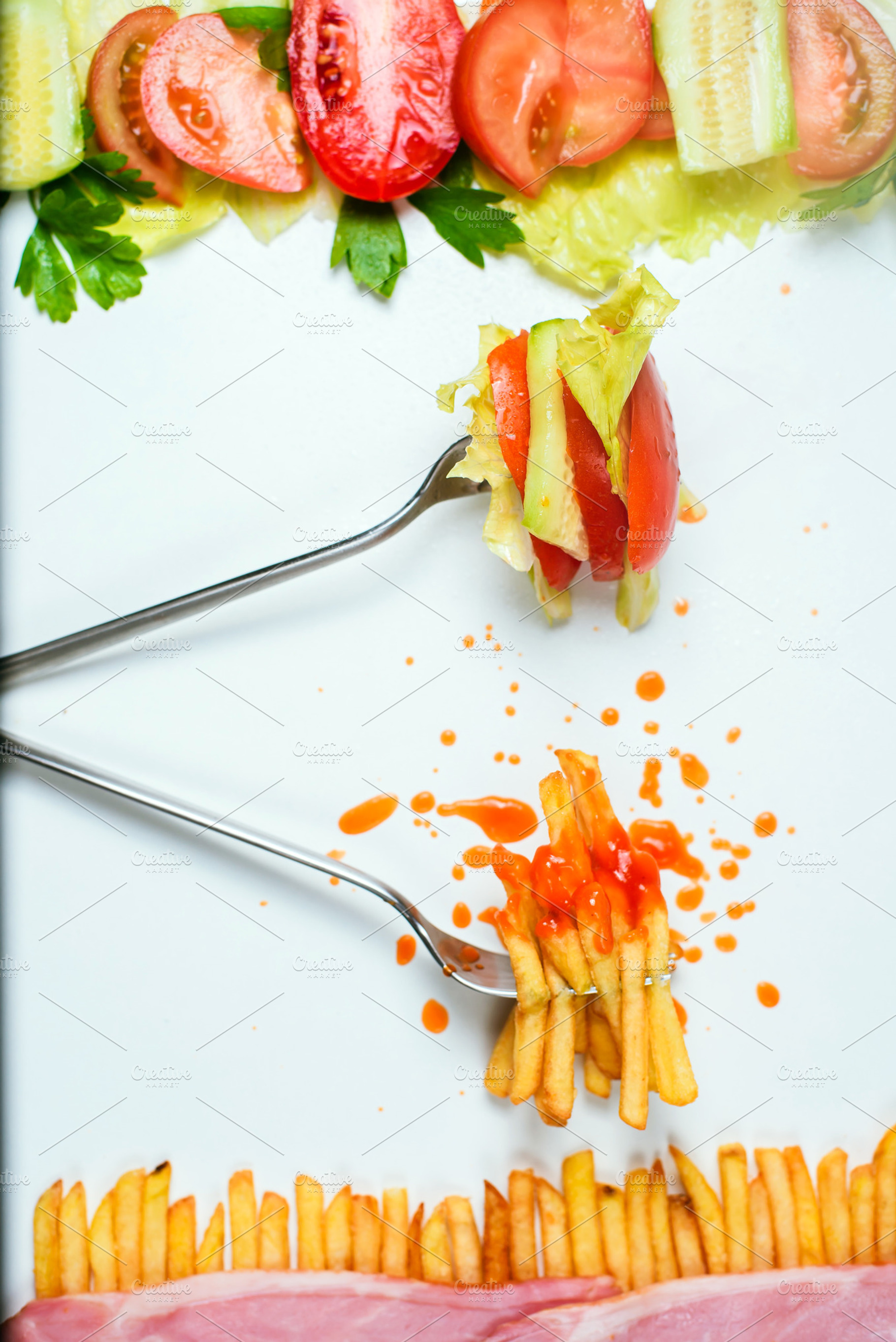 Healthy or junk food choice containing diet, dieting, and food, a Food & Drink Photo by BodiaPhoto