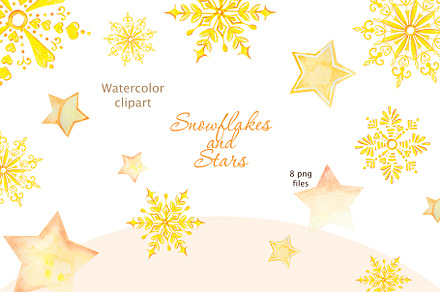 Golden snowflakes, stars Watercolor