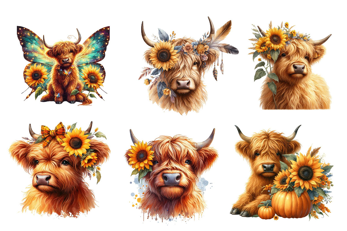 Watercolor Sunflower Highland Cow, an Illustration by CreationArt (Photo 3 of 5)