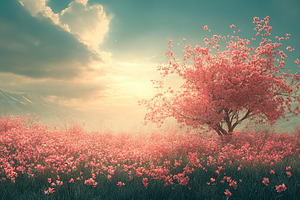 Blossoming cherry tree in a serene meadow at sunset, a Nature Photo by AlyaAnd