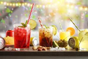 Table with refreshing drinks and snacks with festive room backgr, a Food & Drink Photo by Davizro's Market
