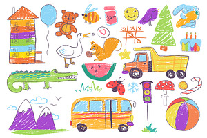 Colorful kid's pastel doodle drawing, an Education Illustration by Lemberg Vector