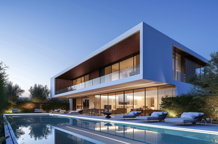 Contemporary Home with Pool and Outdoor Living Space at Dusk, an Abstract Photo by Natalia Klenova's Shop