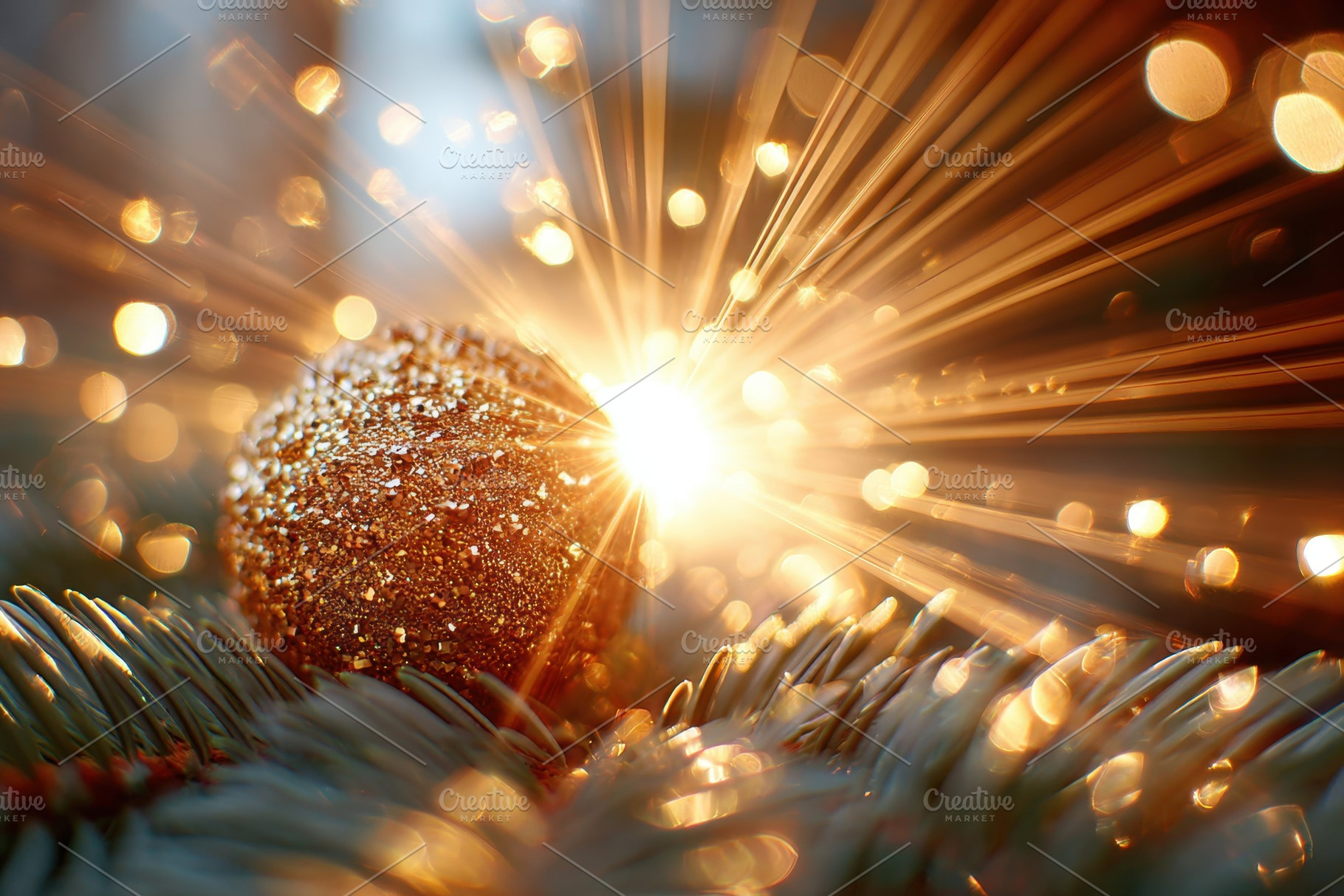 Glittering golden ornament on pine branch, a Holiday Photo by AlyaAnd