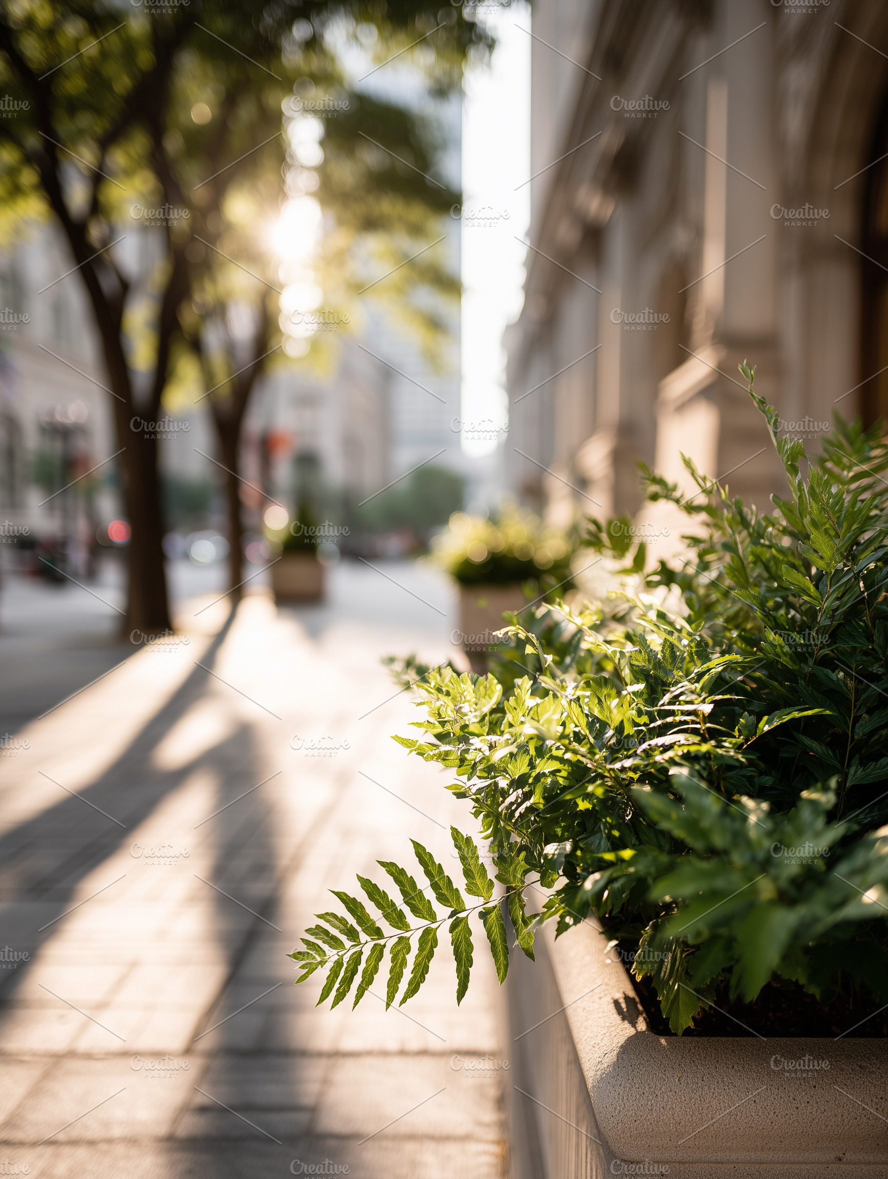 Sunlit urban sidewalk with lush, an Architecture Photo by MistyDay