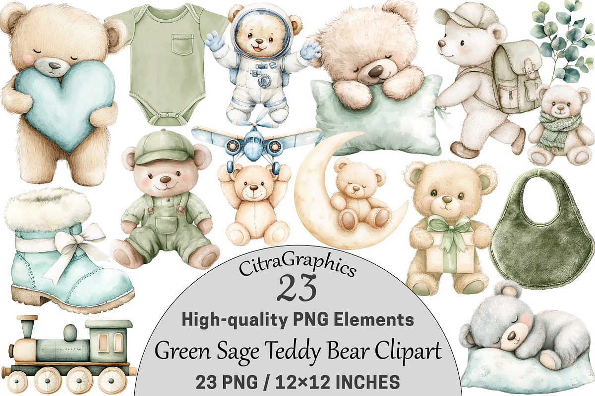 Green Sage Teddy Bear Clipart, a Seasonal Illustration by CitraGraphics (Photo 1 of 3)